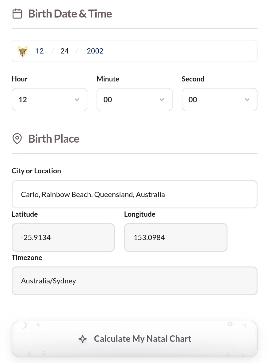 Free Natal Chart Calculator input form showing date, time, and location fields