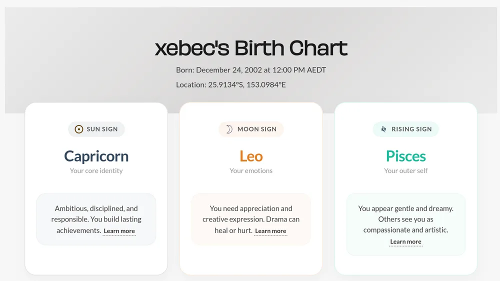 Natal chart calculator results page showing planet positions and house whee