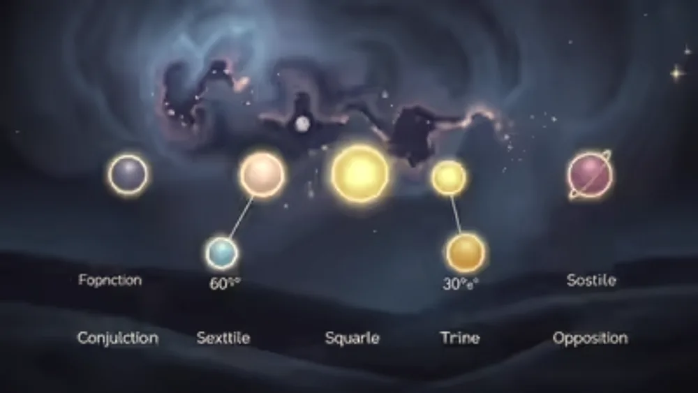 Aspect grid showing progressed planets forming conjunctions and squares to natal chart positions