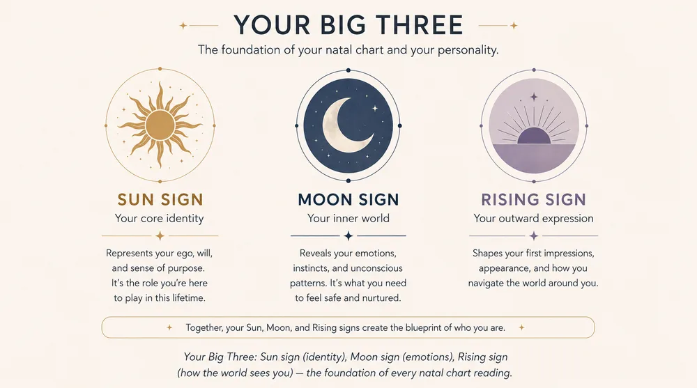 natal chart big three infographic showing sun moon and rising sign meanings