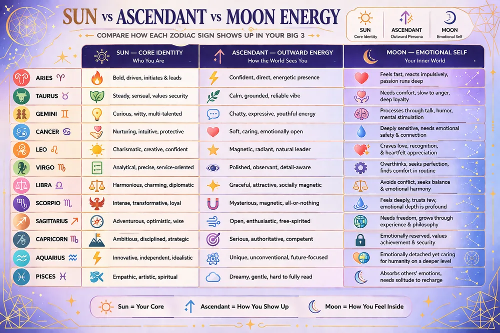 brutally honest zodiac big 3 astrology sun moon ascendant comparison table